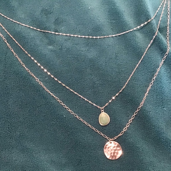 Silver-tone green stone and disk layered necklace - Picture 2 of 4